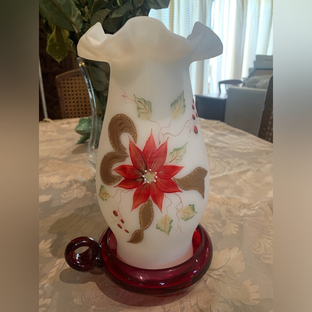 Fenton Hurricane Lamp Candle Holder Signed & Painted w/Holiday Poinsettias Mint!
